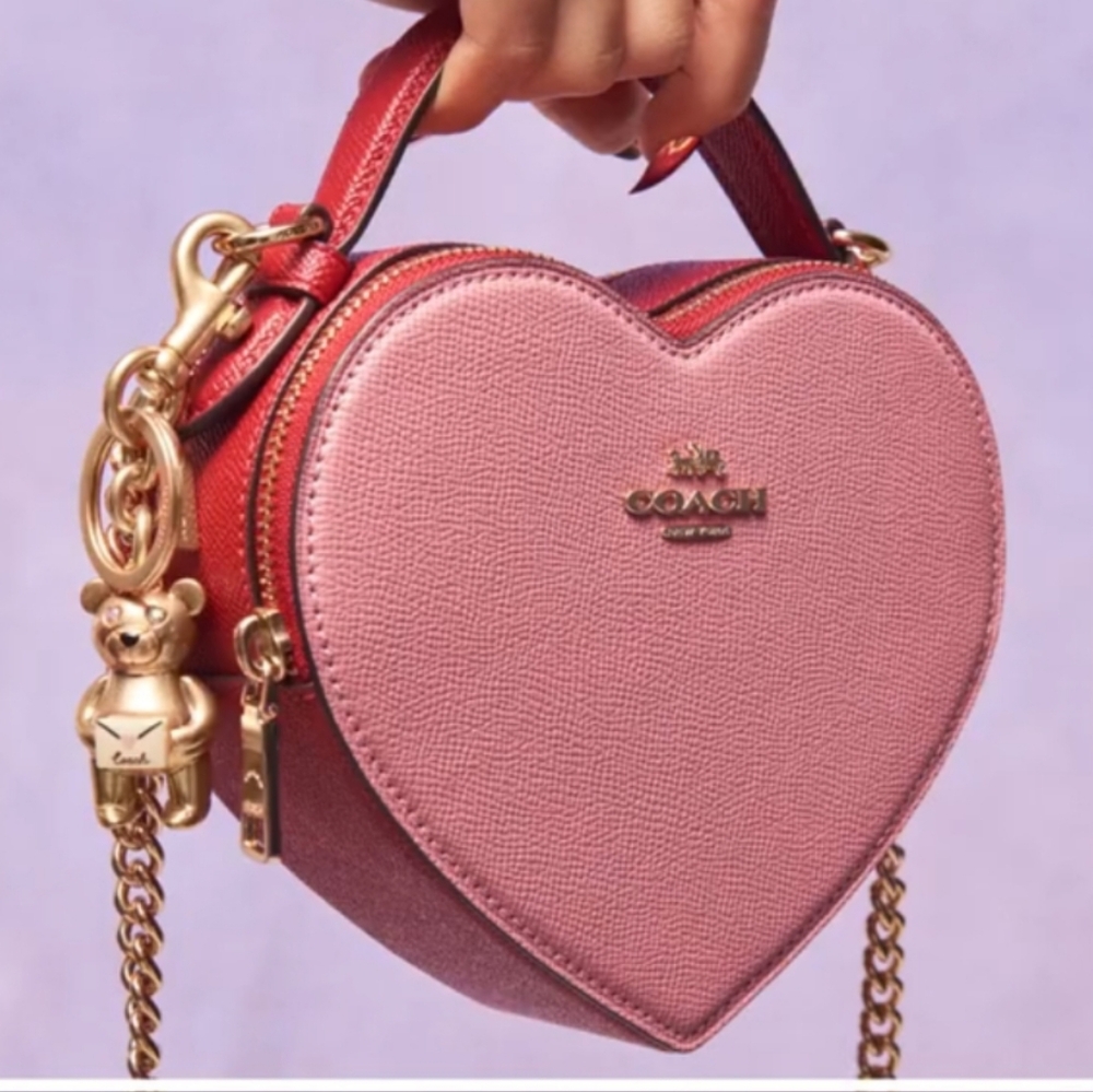 Coach Pink Mini Heart Crossbody Colorblock Bag with Gold Chain